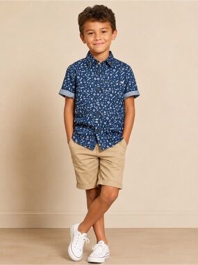 Appaman Boys 8 Navy Printed Short-Sleeve Button-Down Shirt